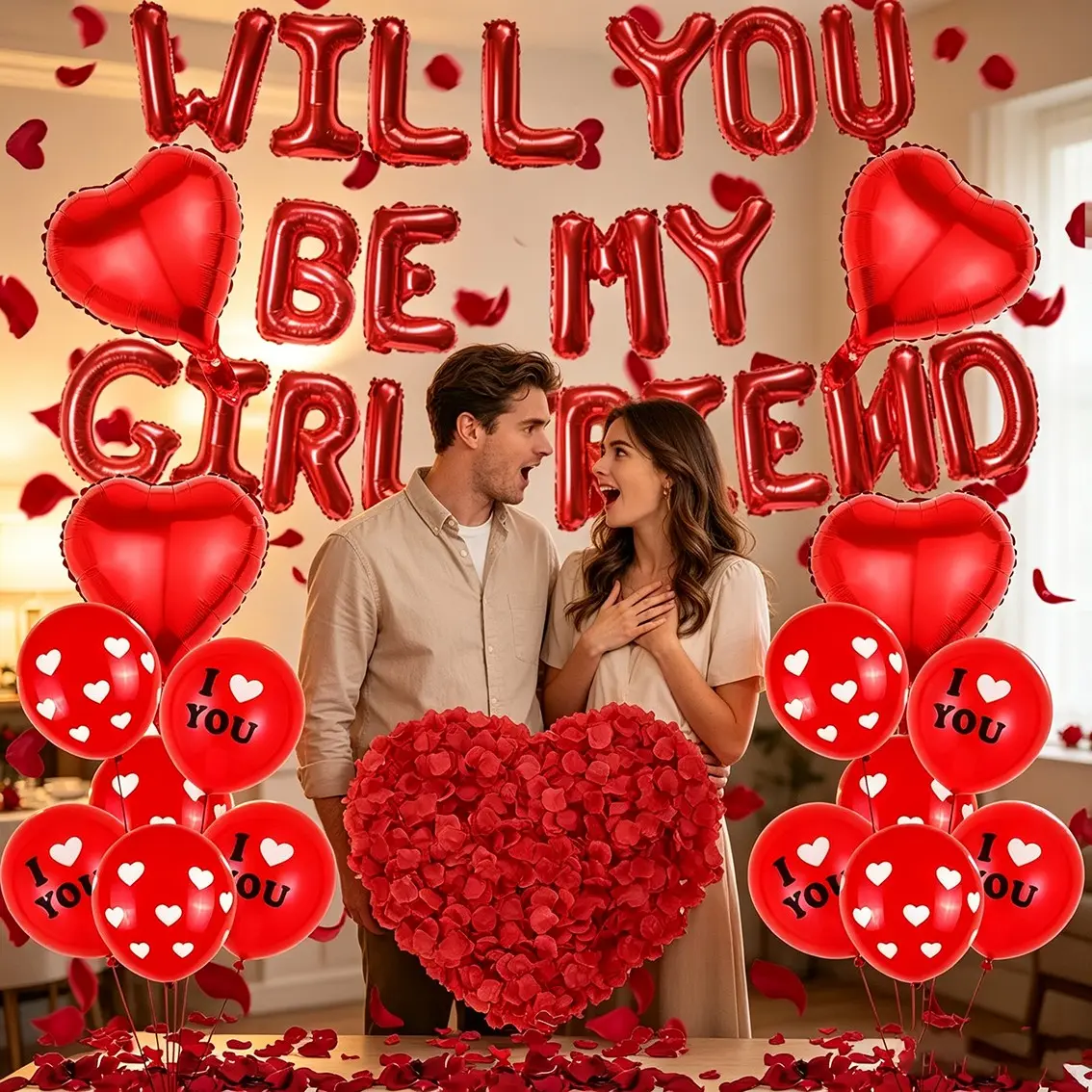 Will You Be My Girlfriend Balloon Set, Love Balloon, Realistic Rose Petals, Valentine's Day Surprise Proposal Room Decor, 520 Romantic Gift