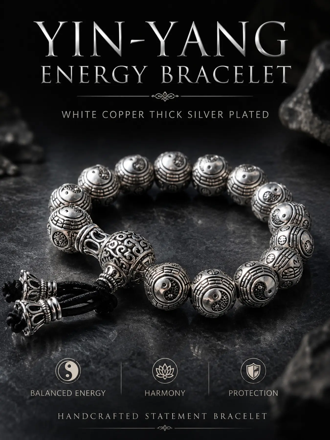 New Traditional Retro Tai Chi Bagua Silver Beaded Bracelet, Intricate Hollow Gourd Bell Streamer Adjustable Woven Rope, Men's National Style Fashion Accessory Gift