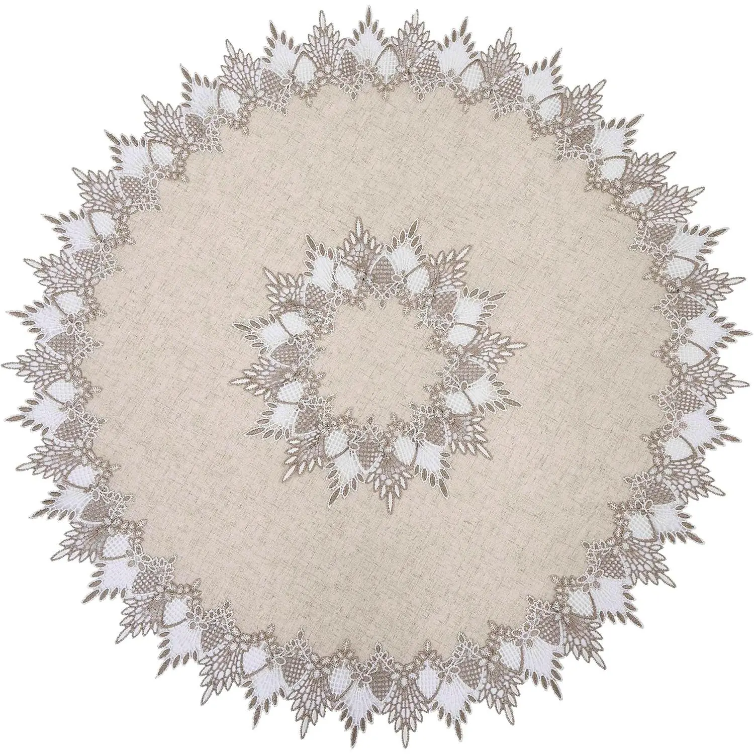 Natural Linen Lace Doily - 33in Round, Neutral Earth Tones Beige, Pet-Friendly Dog & Cat Furniture Accent, Vintage Classic Party Easter Mother’s Day Coffee Table Topper