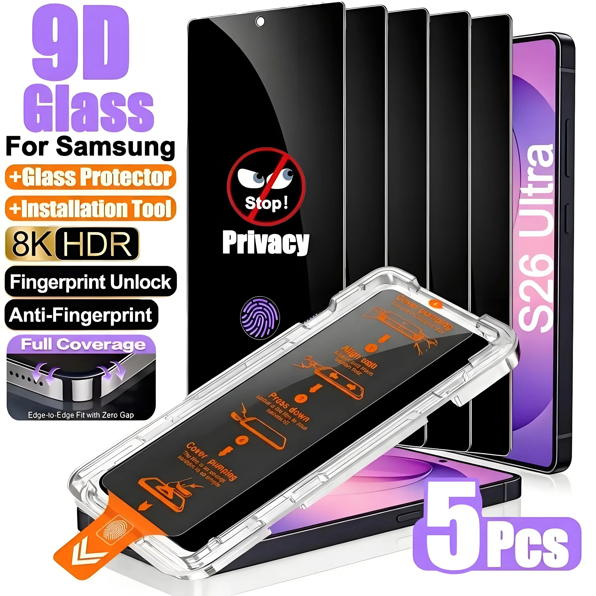 5 Pack Dust-Free Privacy Tempered Glass Screen Protector, Suitable for Samsung Galaxy S22 5G/S22+ 5G/S23/S23+/S24/S25/S26/Plus/Ultra/S25 Edge/S25 FE Series, HD Clear, Smooth Edges, Precise Fit, Scratchresistant Glass, Case Friendly