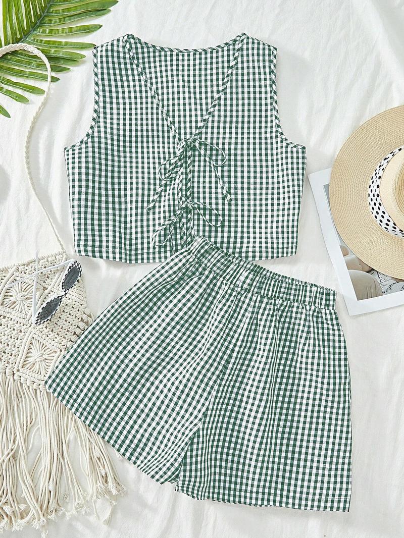 2-piece plaid striped vest and high-waisted loose shorts women's casual suit