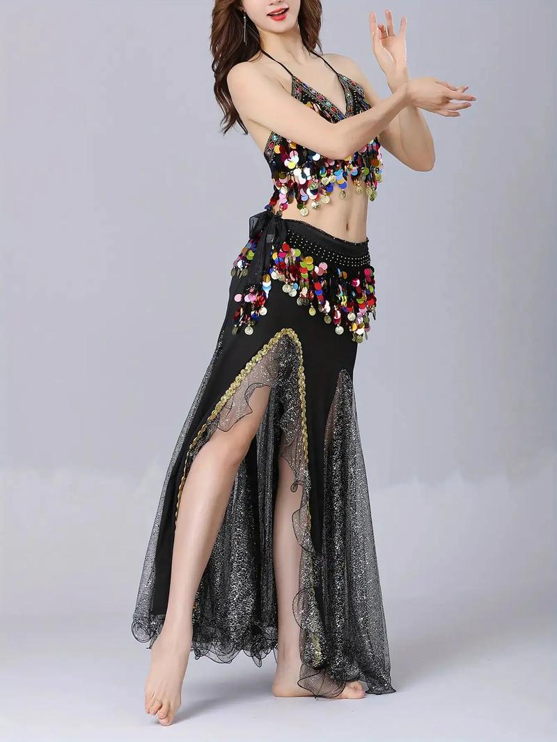 Women's Belly Dance Costume Set with Sequin Top & Mesh Skirt - Hand Washable Stage Performance Outfit with Hip Scarf & Belly Dance Pants-like Fit |   Shimmering Dance Dress for Belly Dancing, Raqs Sharqi, Middle Eastern Performances |   Comfortable & Dura