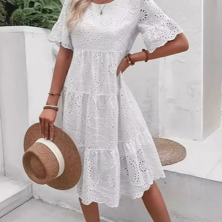 Women Cotton Eyelet Embroidery Midi Dress, Short Flutter Sleeve Ruffle Tiered Hollow‑Out Casual Summer Dress