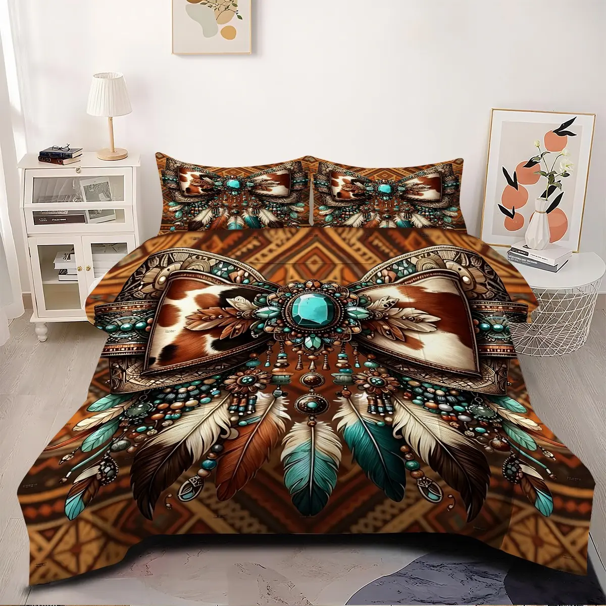2/3Pcs Retro Western Tribal Style Comforter Set, Cowhide Turquoise Bow Cozy Bedding Set, Quilted Design, Suitable for All Seasons Quilt, for Apartments, Guest Rooms, and Bedrooms, Creating An American Retro Western Home Space (Pillow Insert Not Included).