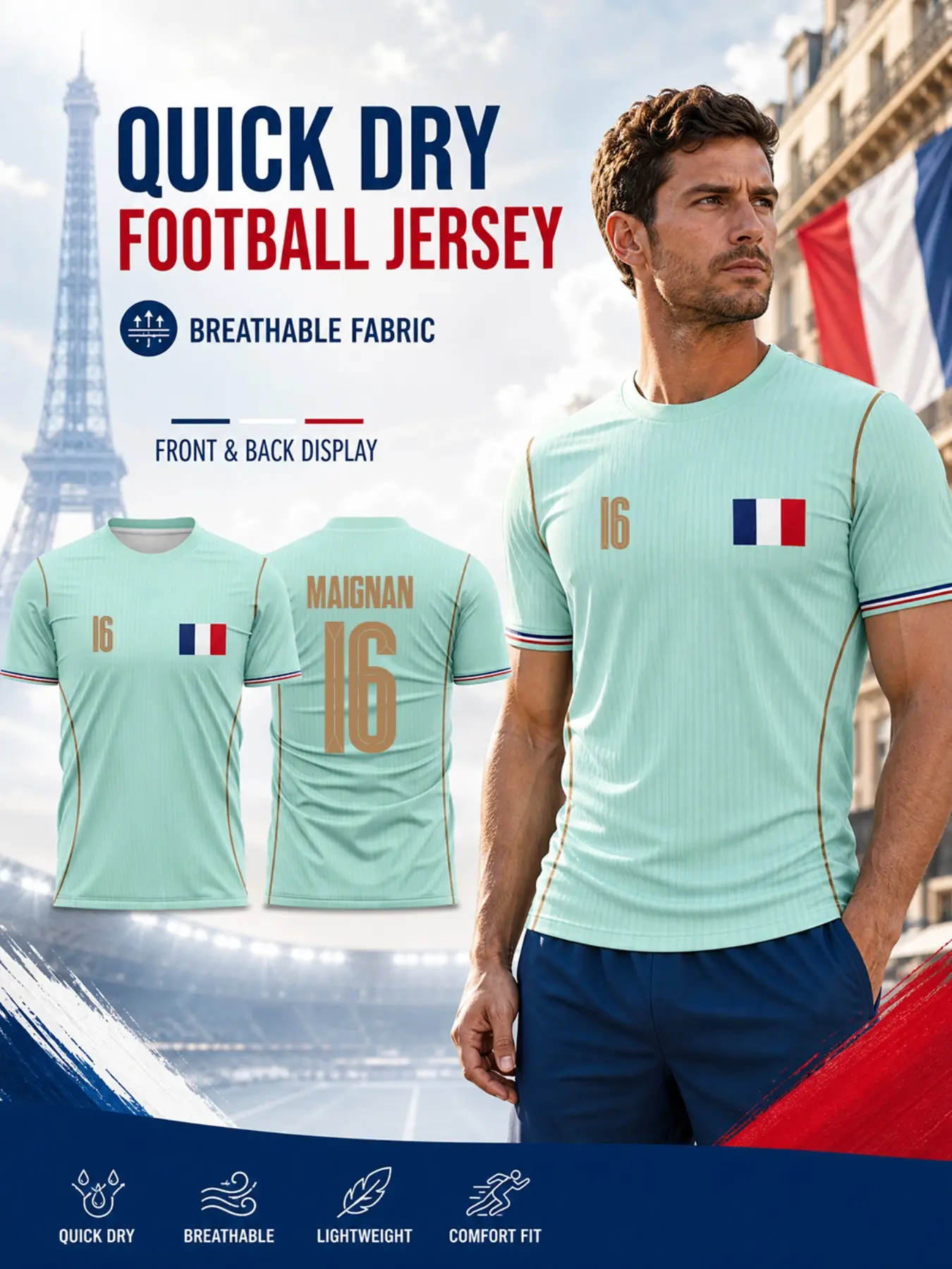 2026 France National Team Away Jersey, Mint Vertical Stripes, Men's Quick-Dry Breathable Soccer Shirt, Lightweight Comfortable Football Top