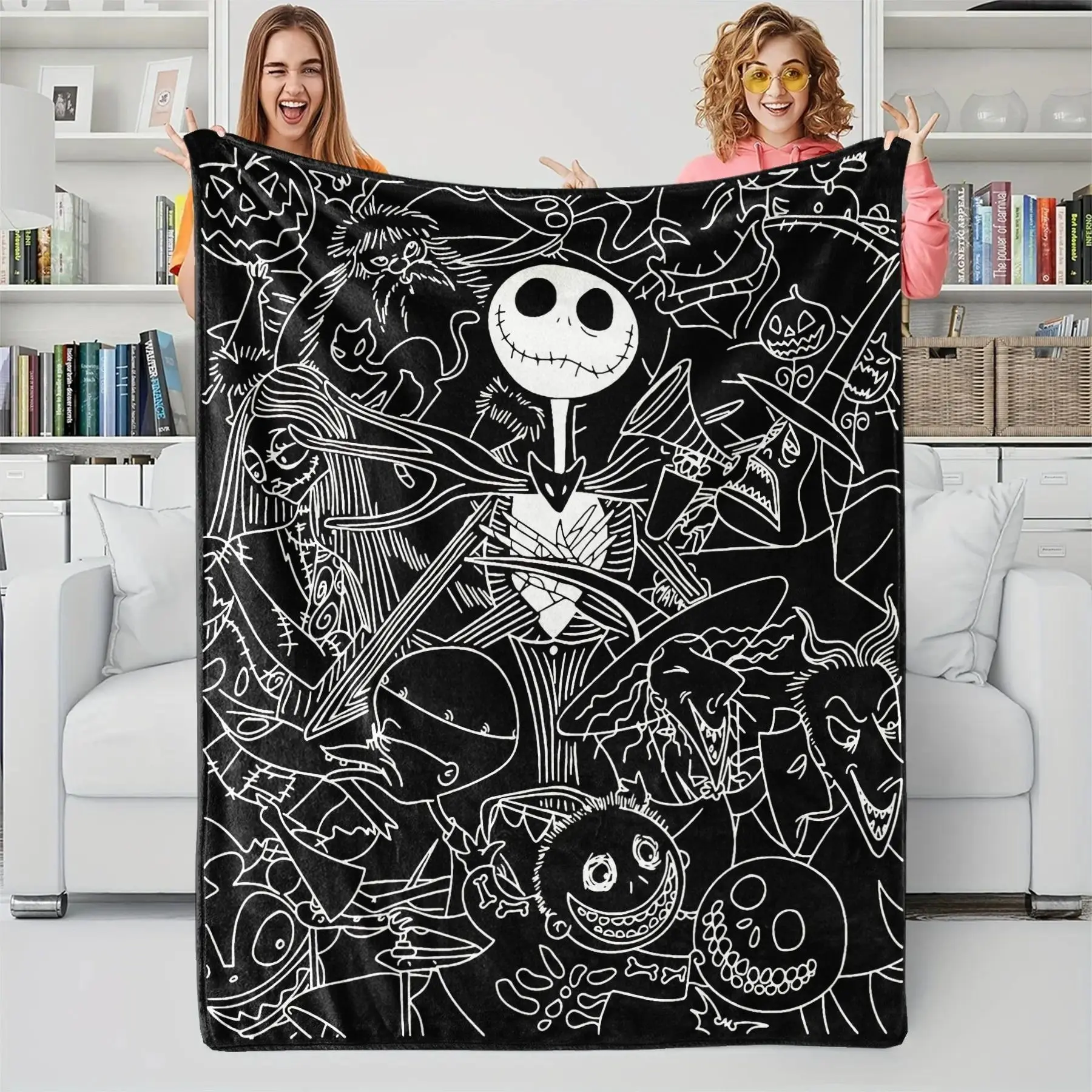Gothic Style Black and White Flannel Blanket, Soft Warm Cozy Throw Blanket for Bed Sofa Couch, Dark Aesthetic Character Inspired Design, Lightweight All Season Travel Blanket, Machine Washable Home Decor Blanket, Gift for Fans of Dark Fantasy Style