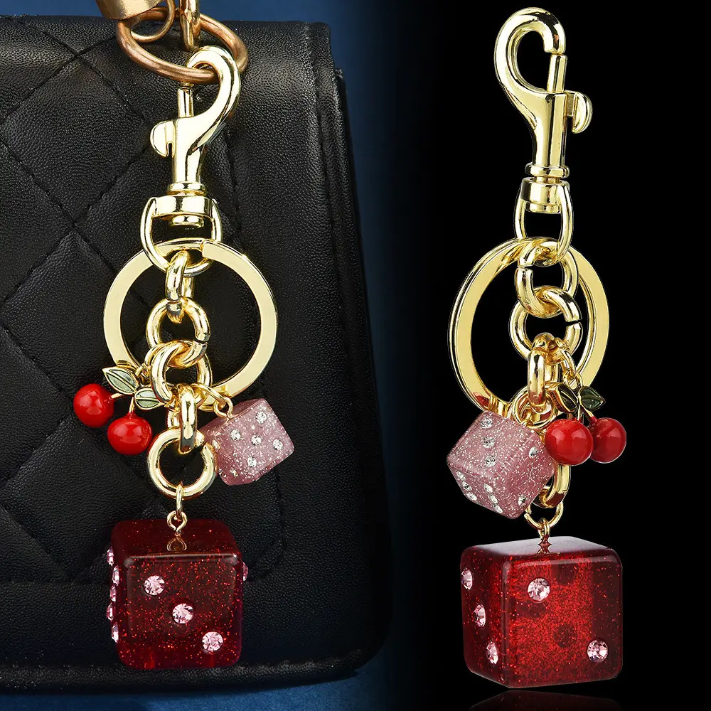 Matte Alloy Pendant Combined Cherry And Dice Ornament Fixed Metal Split Key Ring Smooth Vintage Tone Surface Compact Light Silhouette For Women Handbag Purse Daily Casual Portable Retro Fun Themed Decorative Bag Charm Keychain Accessory