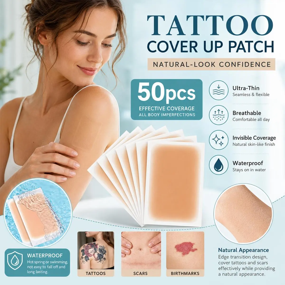 50 Pcs Tattoo Cover Up Patch for Covering Tattoos Scars Birthmarks,Ultra-Thin Breathable Scar Patches, Scar cover up patch, Invisible Skin Tone Concealer Sticker,Waterproof sweatproof tattoo cover,Long lasting Easy to use and remove without residue