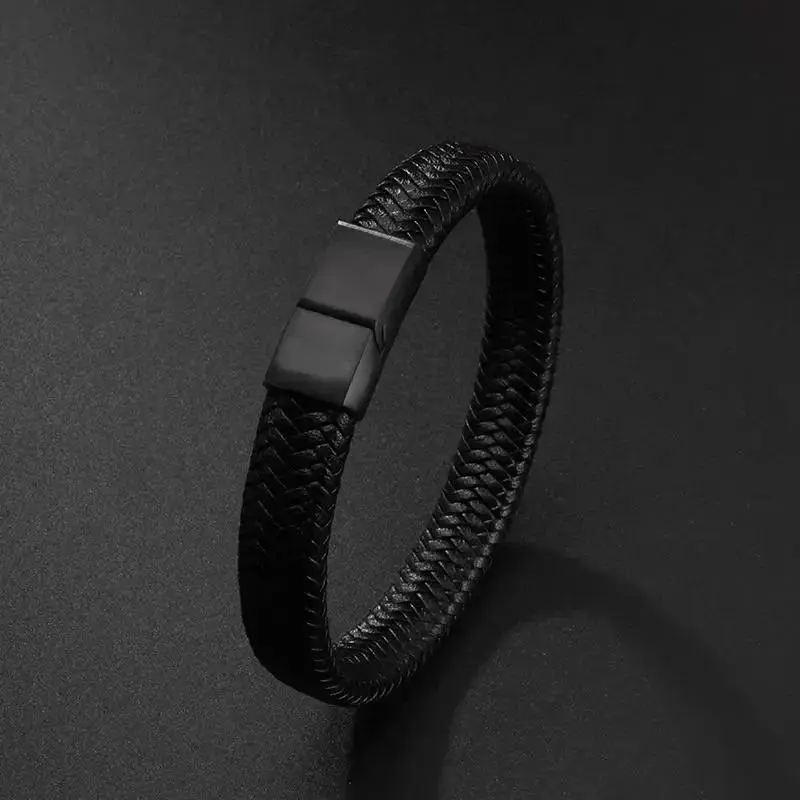 Classic Single Layer Black Woven Leather Bracelet with Metal Magnetic Buckle Men\\\'s Business Casual Trendy Jewelry Gift