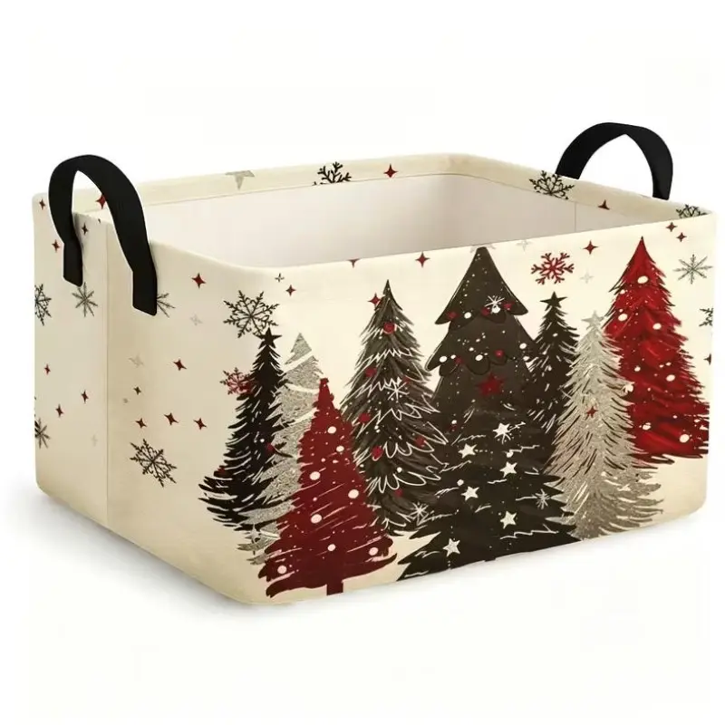 1pc, Open Storage Bins Rustic Christmas Tree Storage Baskets,  Red Black Silver Hand Drawn Pine Trees Snowflakes Stars Vintage Winter Holiday Pattern Collapsible Shelf Baskets Storage Boxes with Handles for Home Organization