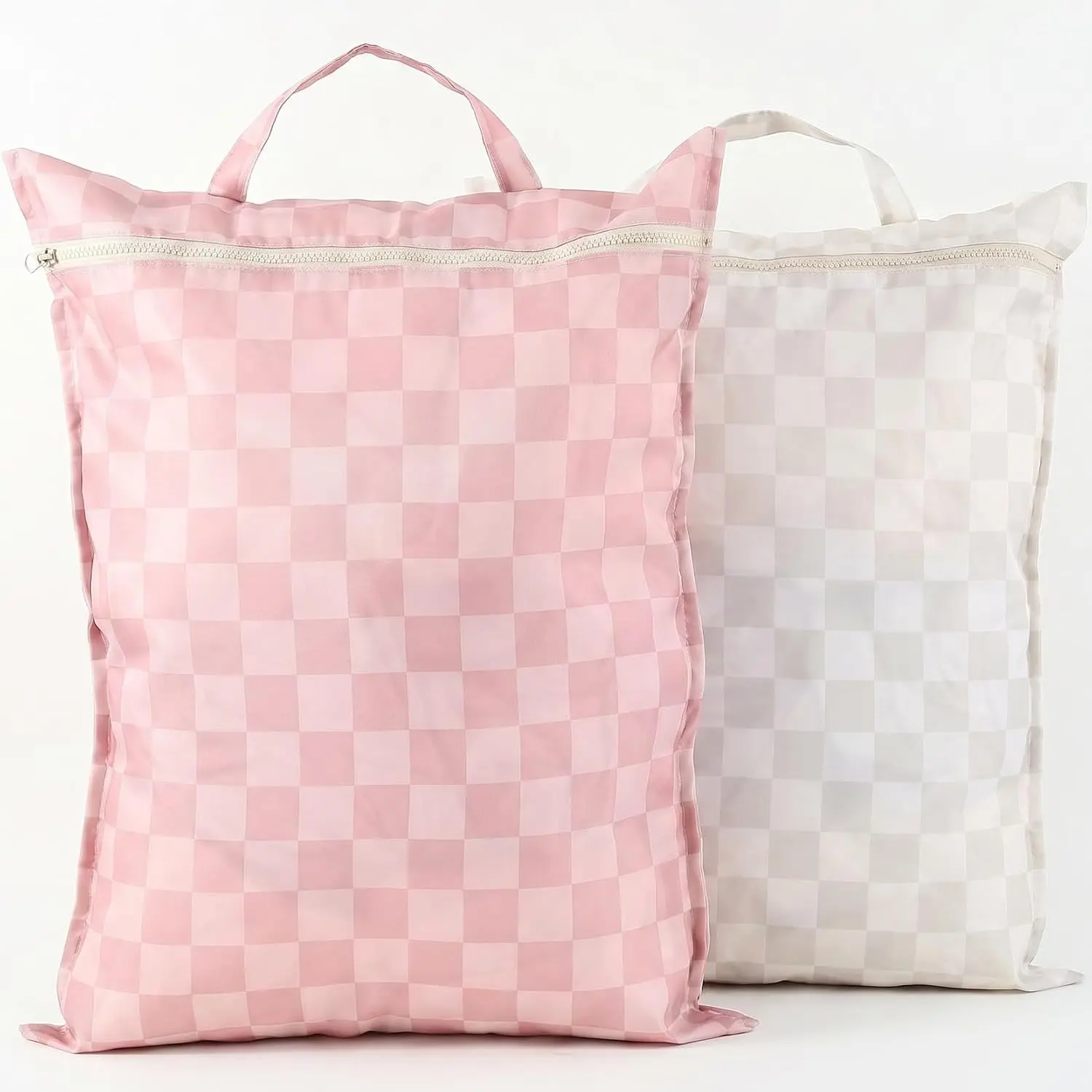 Stylish Wet Dry Bags For Suimsuits Set of 2 - Large Waterproof Travel Laundry Bags Keep Wet & Dry Clothes Fully Separated - Cute Checkered Design with Zipper & Handle, Great for Pool, Beach & Camping