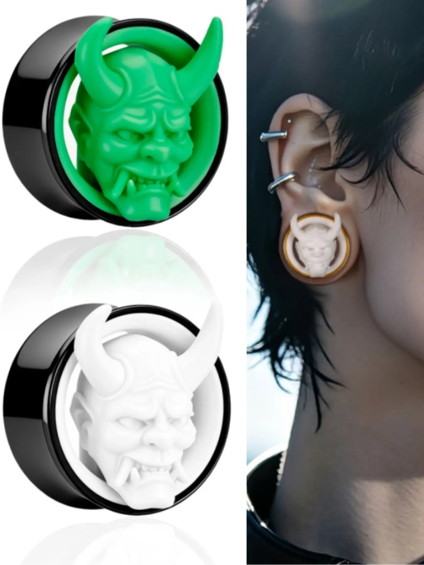vanku 2pcs Dark Demon Hannya Face Ear Tunnels, Hypoallergenic 316 Stainless Steel, Gothic Earrings Punk Body Piercing Jewelry, Boho Style, All Seasons