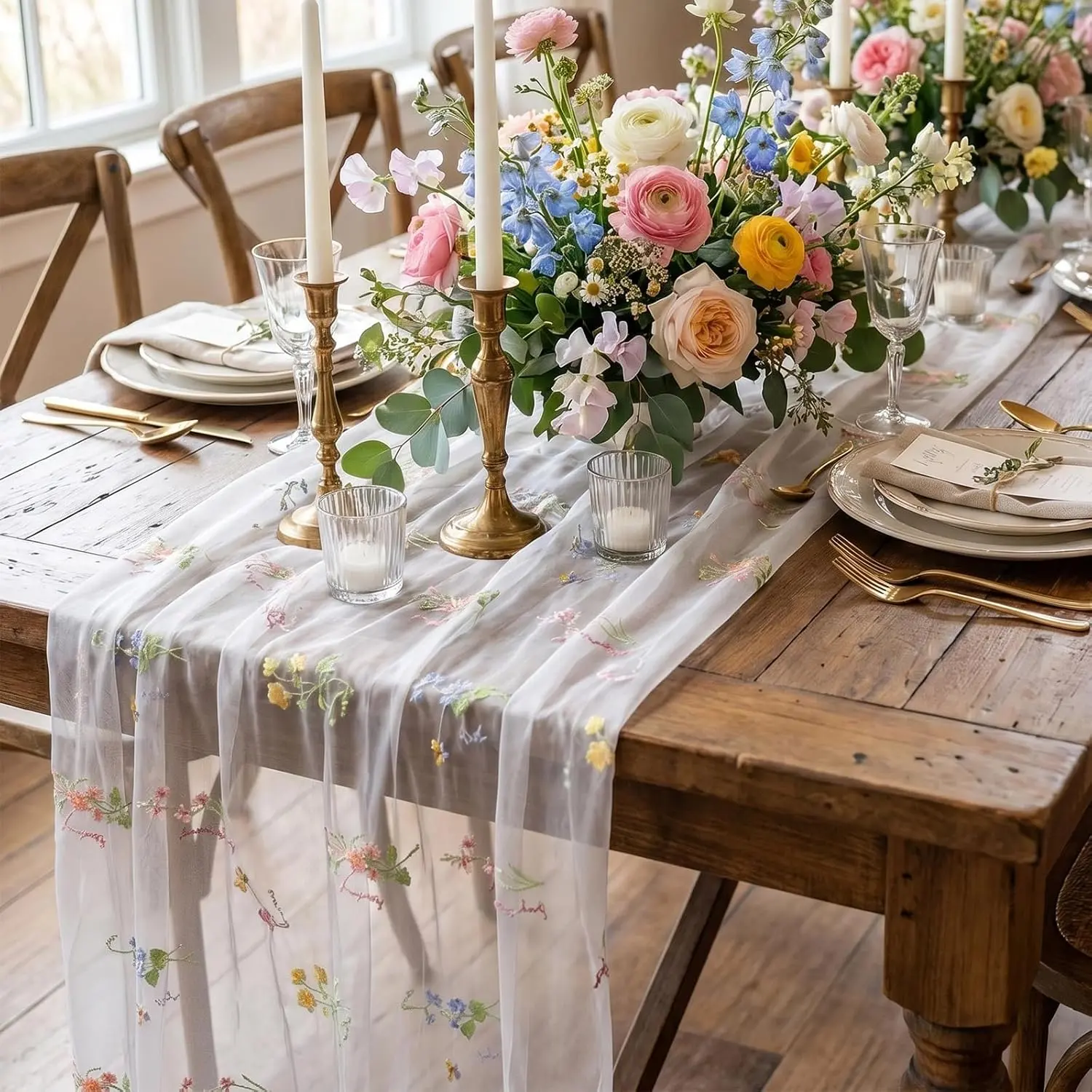 10Ft  Wildflower Embroidery Table Runner Butterfly Decor Bohemian Table Runner for Dining Room Coffee Table Wedding Party  Decor ( White-1Pc)
