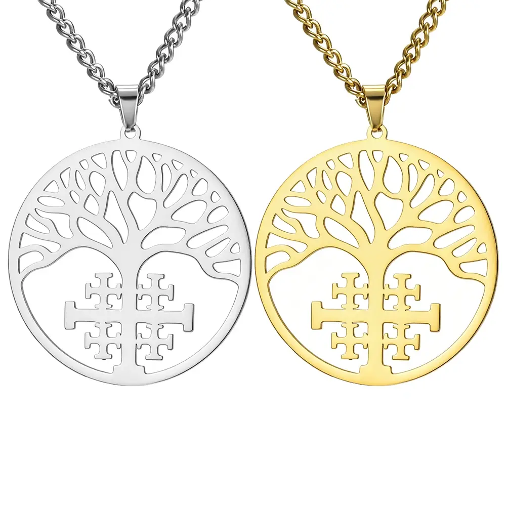 Tree of Life Jerusalem Cross Necklace - Stainless Steel Religious Jewelry for Men & Women | Meaningful Christmas Gift