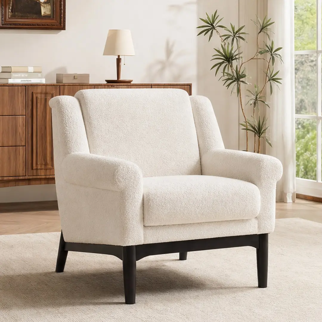 ARCH Modern Accent Chair with Flared Arms Upholstered Boucle Armchair Mid-Century Lounge Chair Solid Wood Legs Ergonomic Reading Chair for Living Room Bedroom Beige Single, Beige Color Options, Boucle Material, Product Dimensions: 31.00 W x 31.00 D
