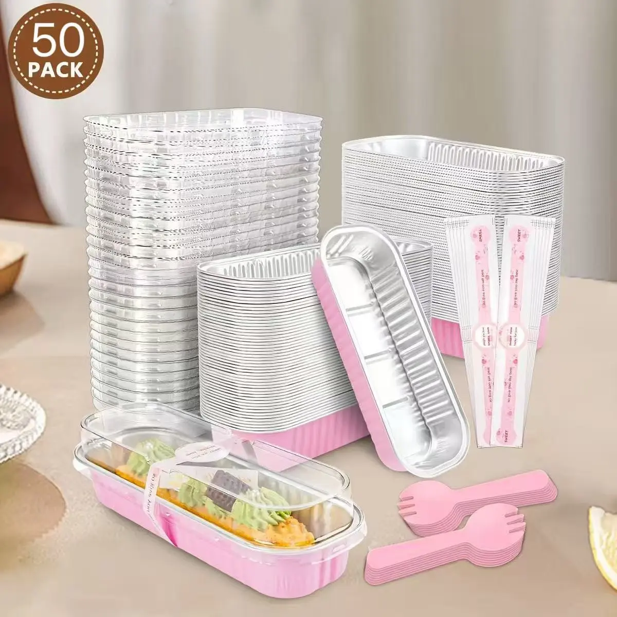 50 Pack Mini Loaf Pans with Lids and Spoons, 6.8oz Disposable Aluminum Foil Baking Cake Pans, Sealing Stickers, Dessert Containers for Parties and Gifts