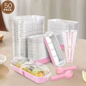 50 Pack Mini Loaf Pans with Lids and Spoons, 6.8oz Aluminum Foil Cake Pans, Sealing Stickers, Dessert Containers for Parties and Gifts