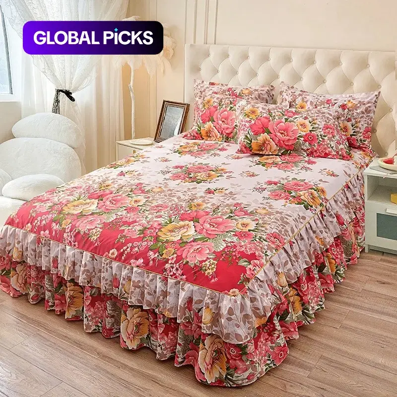 Floral Print Ruffled Edge Bed Skirt Set, 3-Count Soft Household Bedding Set Including 1 Bed Skirt and 2 Pillowcases without Filler, Comfy Decorative Bedding for Home Bedroom Bedskirt Set #GLOBAL PICKS