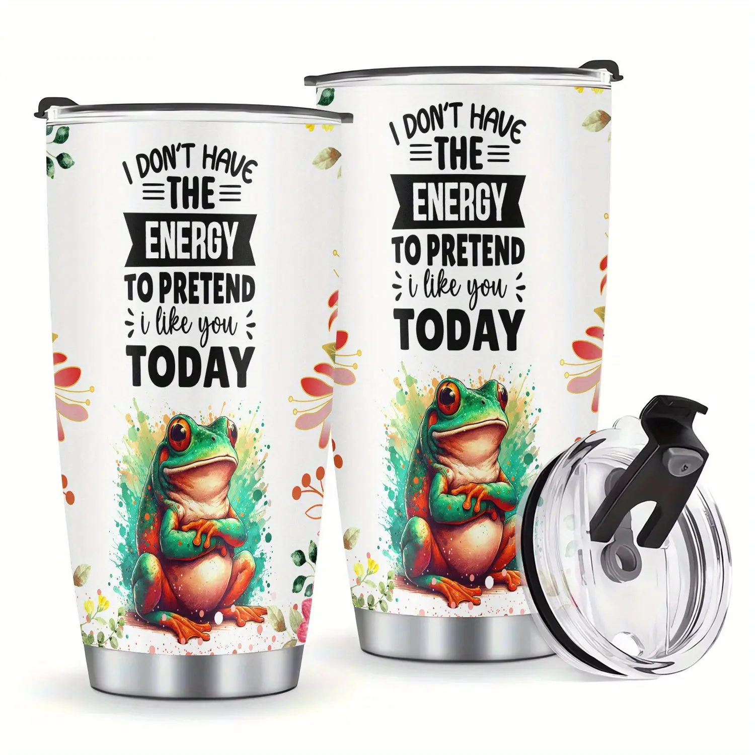20oz (500-1,000ml) Stainless Steel Vacuum Flask Tumbler - Double-Wall Insulated, Round, Frog Print, PVC-Free, Car Tumbler Lid, Fits Most Car Cup Holders, Hand Wash Only, Aesthetic, Ideal for Home & Office Use, 500-1,000 Ml, Car Tumbler Lid Vacuum Flasks