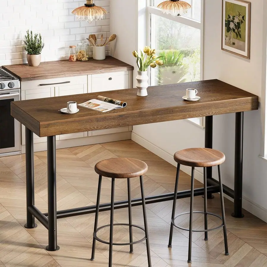 63" Solid Wood Rectangular Counter Height Bar Table - Industrial Pub Table with Sturdy Metal Frame, 4-6 Seats Indoor Furniture Set, Easy Setup for Home Bistro Use