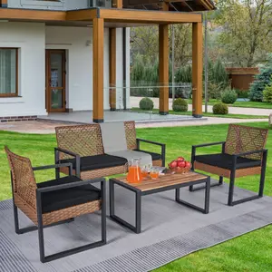 Aobtkel®4-Piece Patio Furniture Set Outdoor Balcony Porch Garden Backyard Lawn Furniture Acacia Wood Table Top, Morden Black and Light Brown    RR