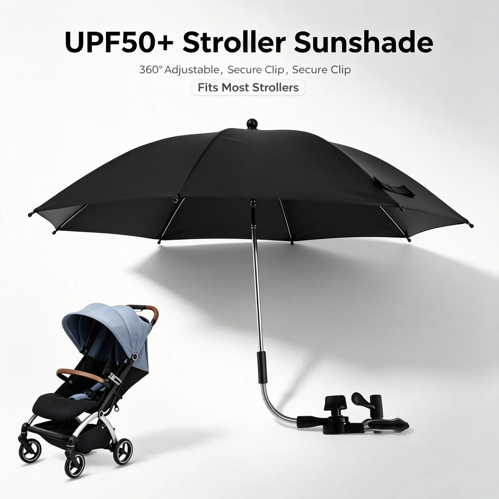 Universal Stroller Parasol, UPF50+ UV Protection Baby Stroller Sunshade Umbrella, 360° Rotatable Adjustable Sun Canopy with Secure Fixed Clip, Fits Most Strollers, Pram & Pushchair Accessory