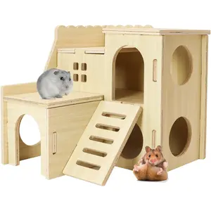 Wooden Hamster Maze House with Slide, Small Pet Hideout Cage Accessory, Suitable for Dwarf Hamsters, Gerbils, Mice and Other Tiny Animals