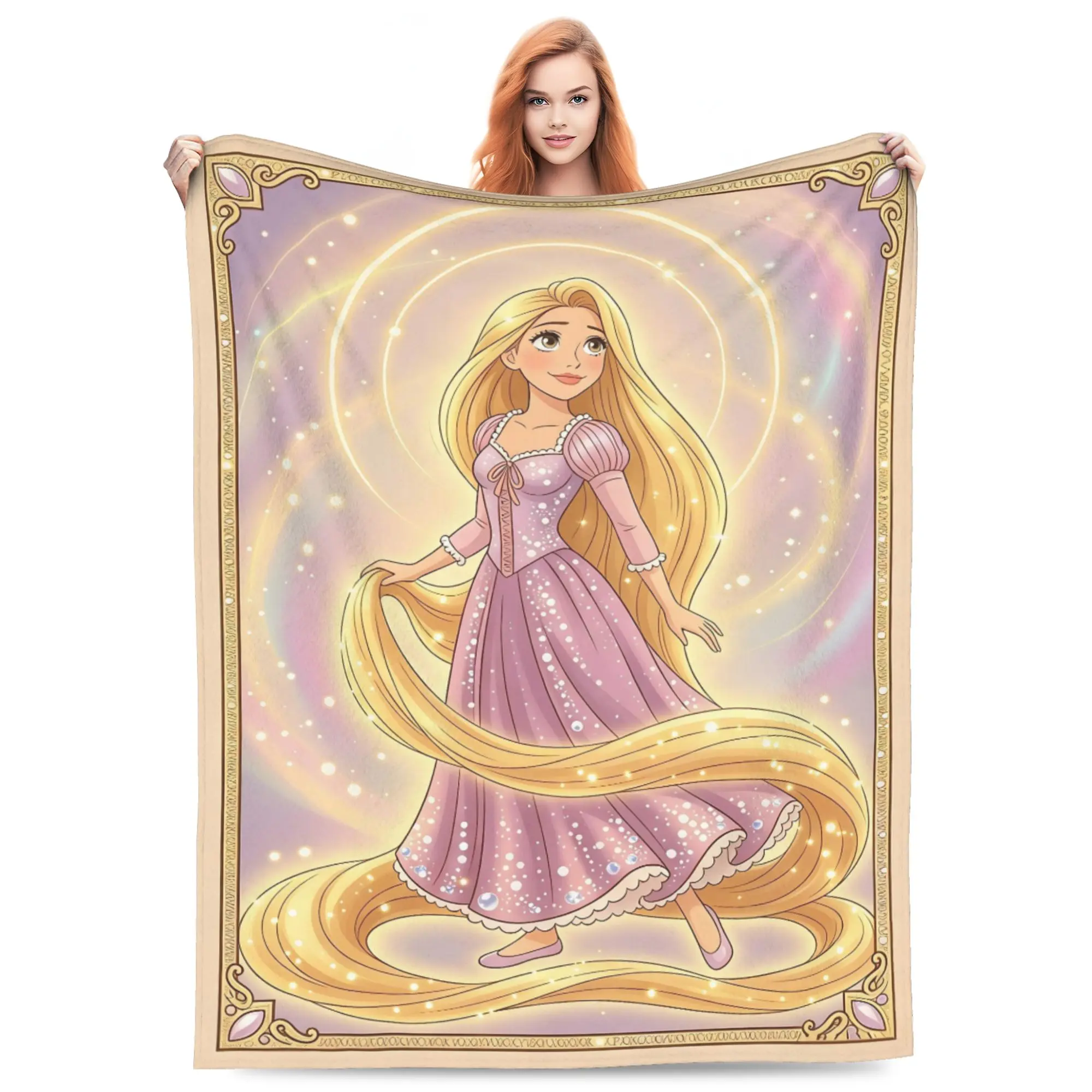 DISNEY CLASSIC Tangled Rapunzel Throw Blanket, Magical Glowing Long Hair Princess Art Frame Design, Soft Flannel Lightweight Cozy Blanket for Sofa Bed Girls Room Decor