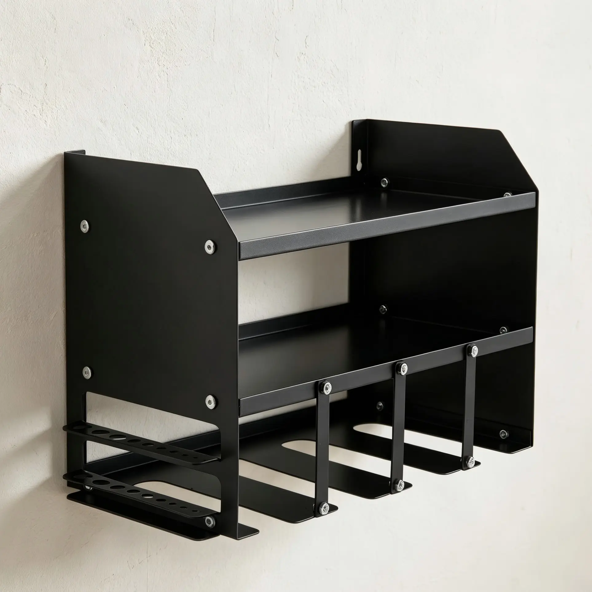 Iron Power Tool Organizer, Wall-Mounted Floating Rack with 4 Drill Holders, Workshop Storage Cabinet, Garage Tool Organizer, Tool Storage Organiser