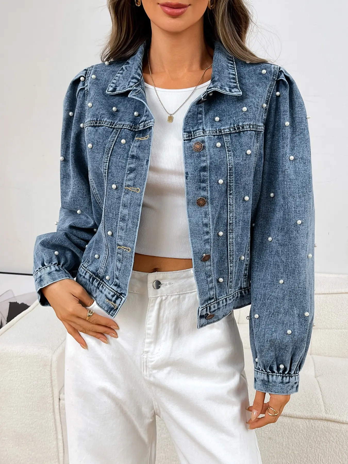 Women's Pearl Decorated Short Denim Jacket, Bubble Long Sleeve Single Button Jeans Coat, Elegant Chic Casual Everyday Outerwear for Women