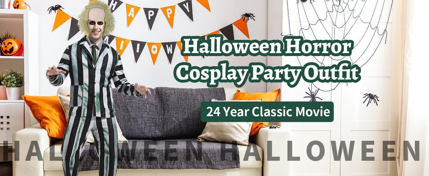 Adult Men Costume Black and White Striped Suit with Wig for Halloween Cosplay Party Outfit Horror Movie Character