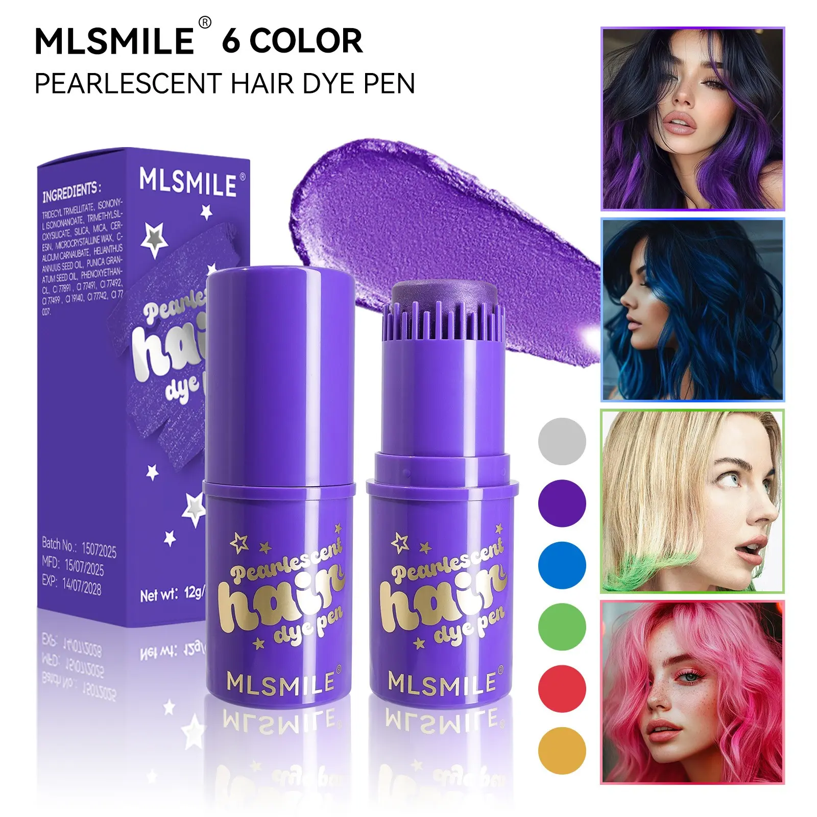 One-Time Shimmer Hair Chalk Comb Pen, 6 Colors Pearlescent Temporary Hair Dye Stick, Easy Wash, No Harm, for Halloween Cosplay Rave Party