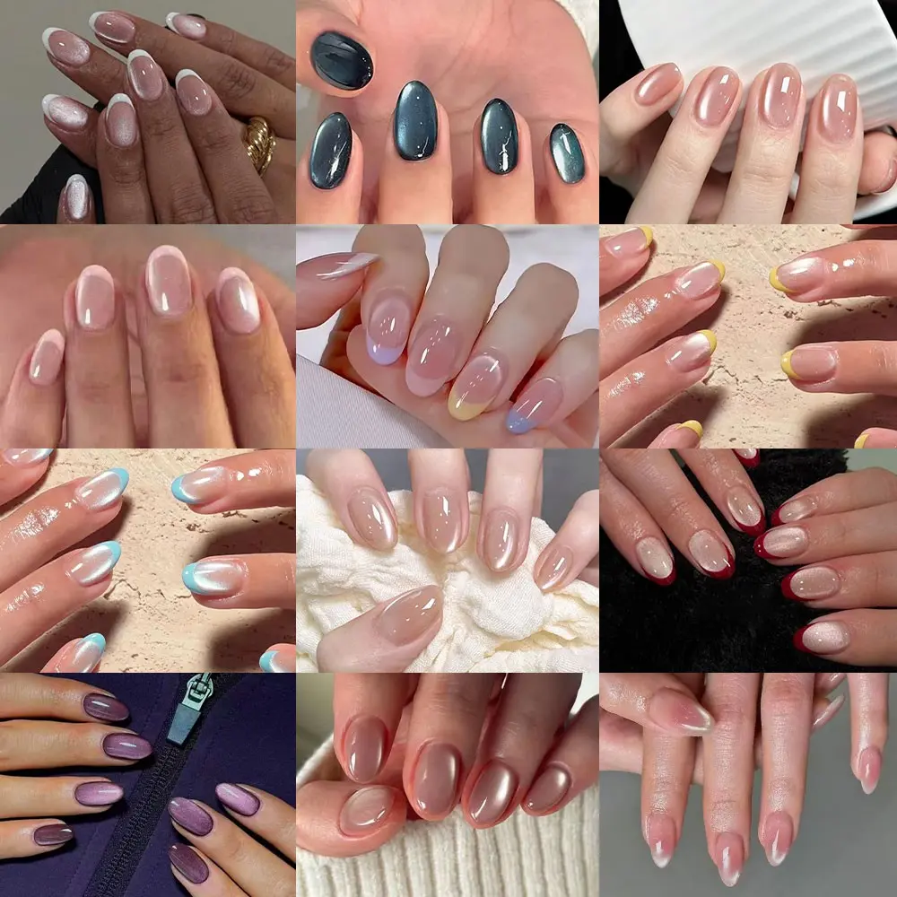288pcs Y2K Short Oval French Cat Eye Nails, Blue Press-On Acrylic False Nails Set, Nail Design, Medium Length, Single Item
