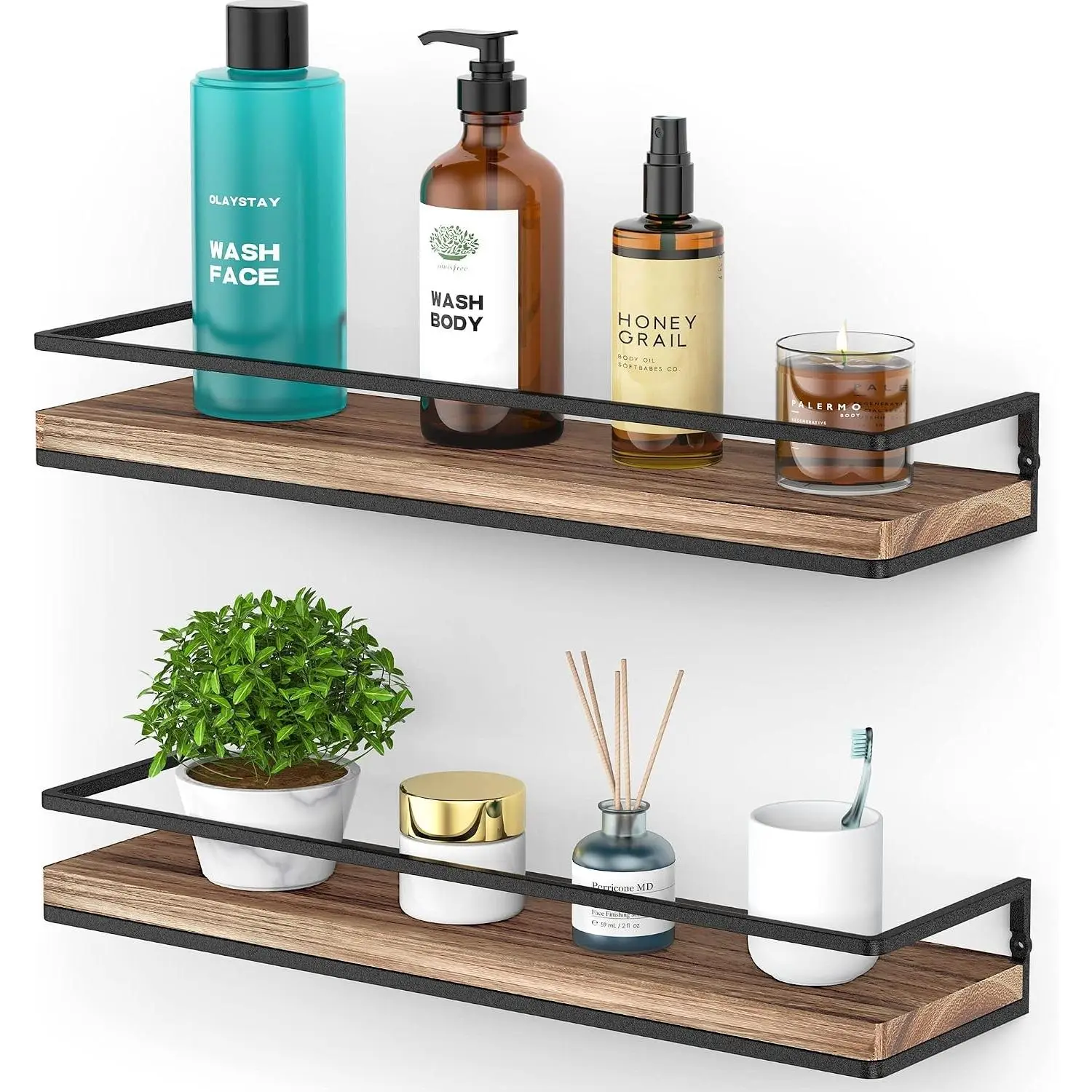 Industrial Farmhouse Rustic 2-Piece Torched Wooden Floating Shelves - Wall-Mounted Easy-Install Indoor Furniture Wall Storage Shelf for Bedroom, Living Room Decor