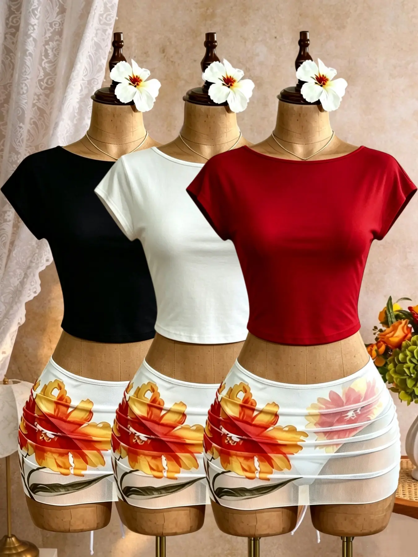 Women's Fashion Trendy Versatile Waist Cinch Slim Fit Sexy Backless Short Sleeve T-Shirt Set, Three Pieces, Stylish and Comfortable