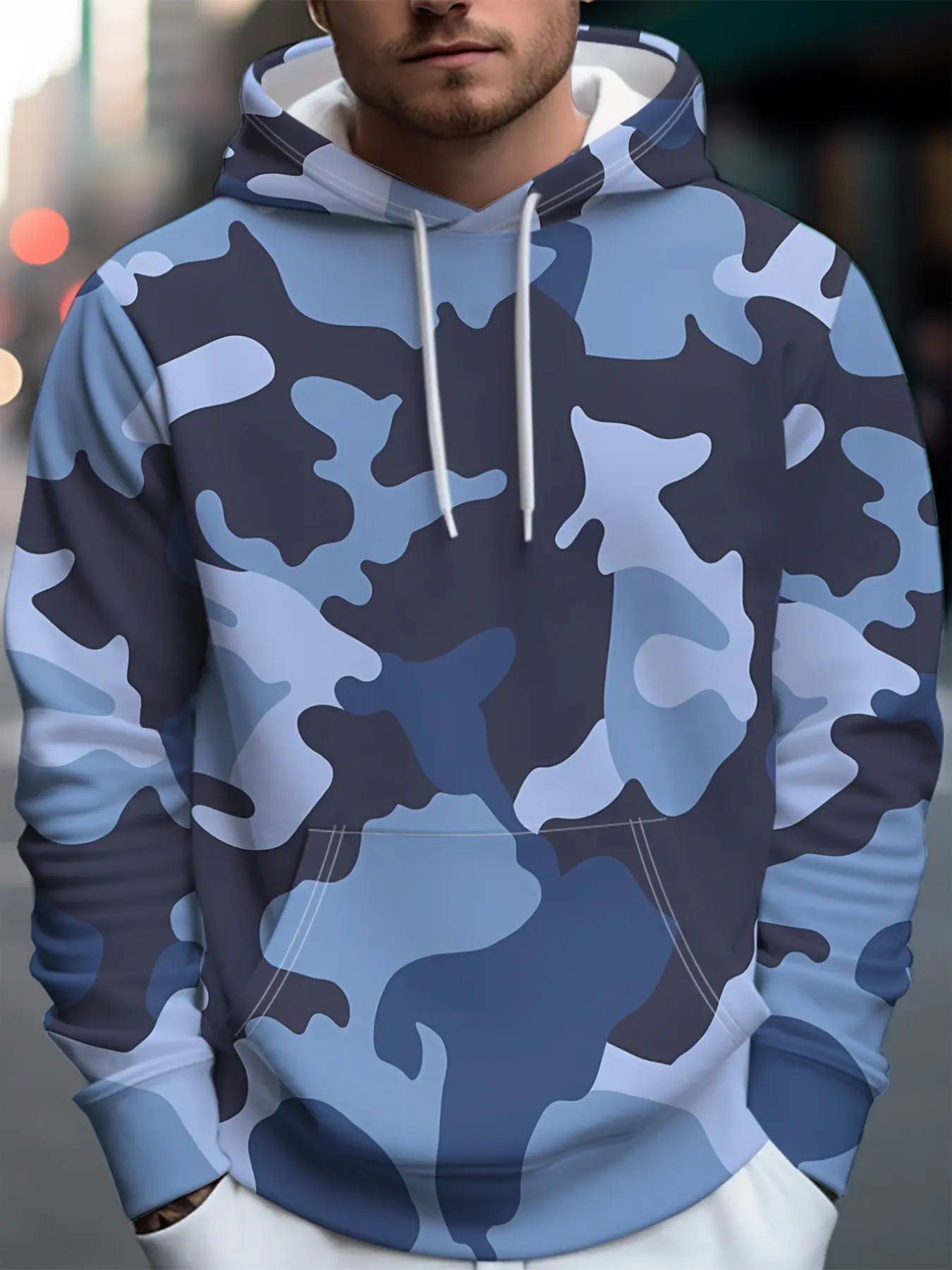 Urban Style Mens Camo Hoodie, Classic All Over Camouflage Print Drawstring Long Sleeve Sweatshirt Daily Outdoor Tops