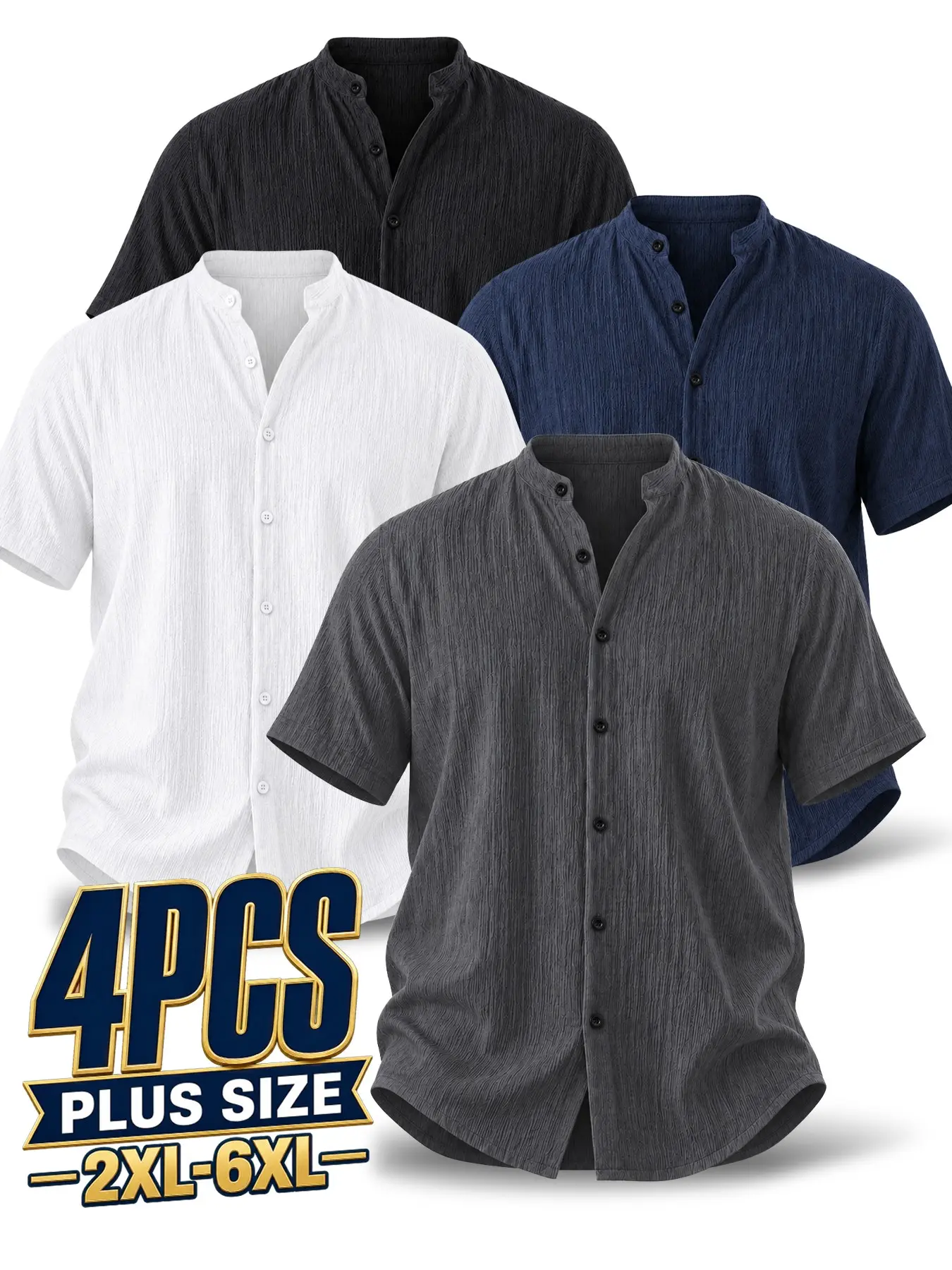 4pcs Plus Size Men's Summer Short Sleeve Shirts, 2xl-6xl, Breathable Plain Solid Color Stand Collar Button-Up, Loose Fit, Casual Beach Travel Wear