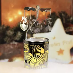 Rotary Spinning Carousel Tealight Candle Holder Christmas Decoration Table Centerpieces for Valentine Easter (Gold Ginkgo Leaf)
