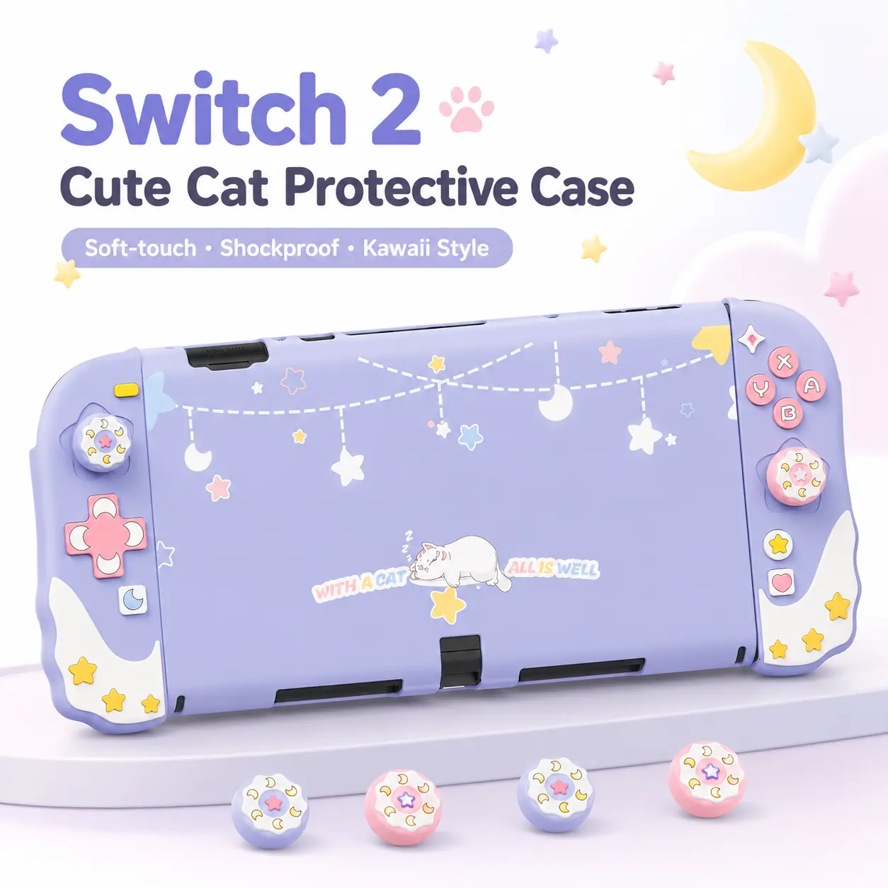 Compatible with Nintendo Switch 2 + Cute Cat + Protective Case Set + Joy-Con Grip Sleeves + Thumb Grip Caps