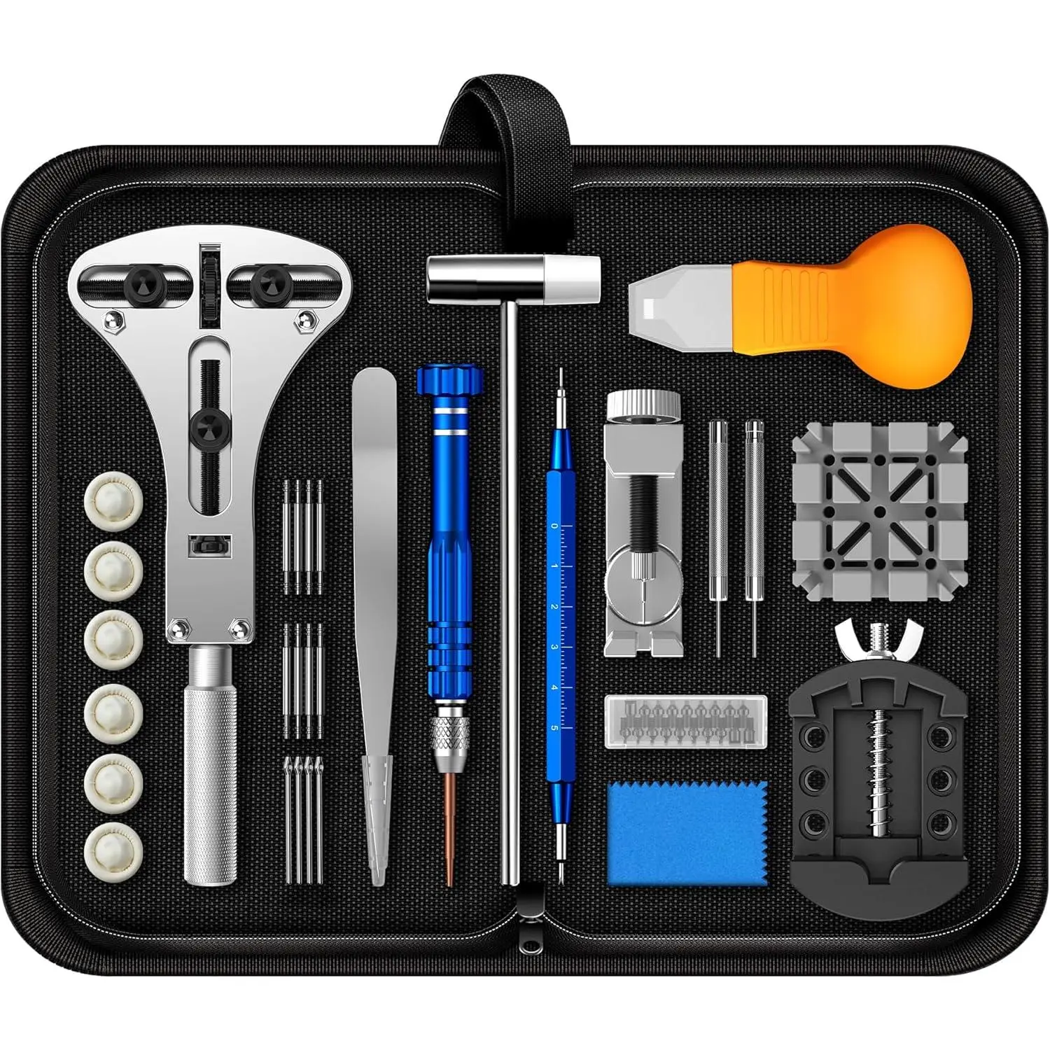 Watch Repair Tool Kit, Battery Replacement, Strap Adjustment, Bracelet Pin Removal, Band Link Remover, Resizing Tool, Wrench Opening Cover, Case Back Opener, Screwdriver, Spring Bar