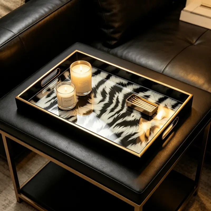 Black and White Tie-Dye Ikat Print Golden Rim Tray with Handles, 15x10 Inch Rectangular Glass Decorative Tray, Light Luxury Vanity / Coffee Table / Bathroom / Tea Table Storage Tray, Home Decor Accent, Non-Food Contact, Candles