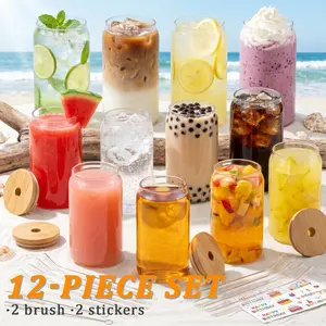 12 Pack Glass Cups with Lids and Straws 16 oz, Personalized Customizable Glasses for Gift, Business, Drinking glasses set, Iced Coffee Cup, Cute Aesthetics Tumbler for Tea, Homemade Drinks - 2 Cleaning Brushes & 2 stickers