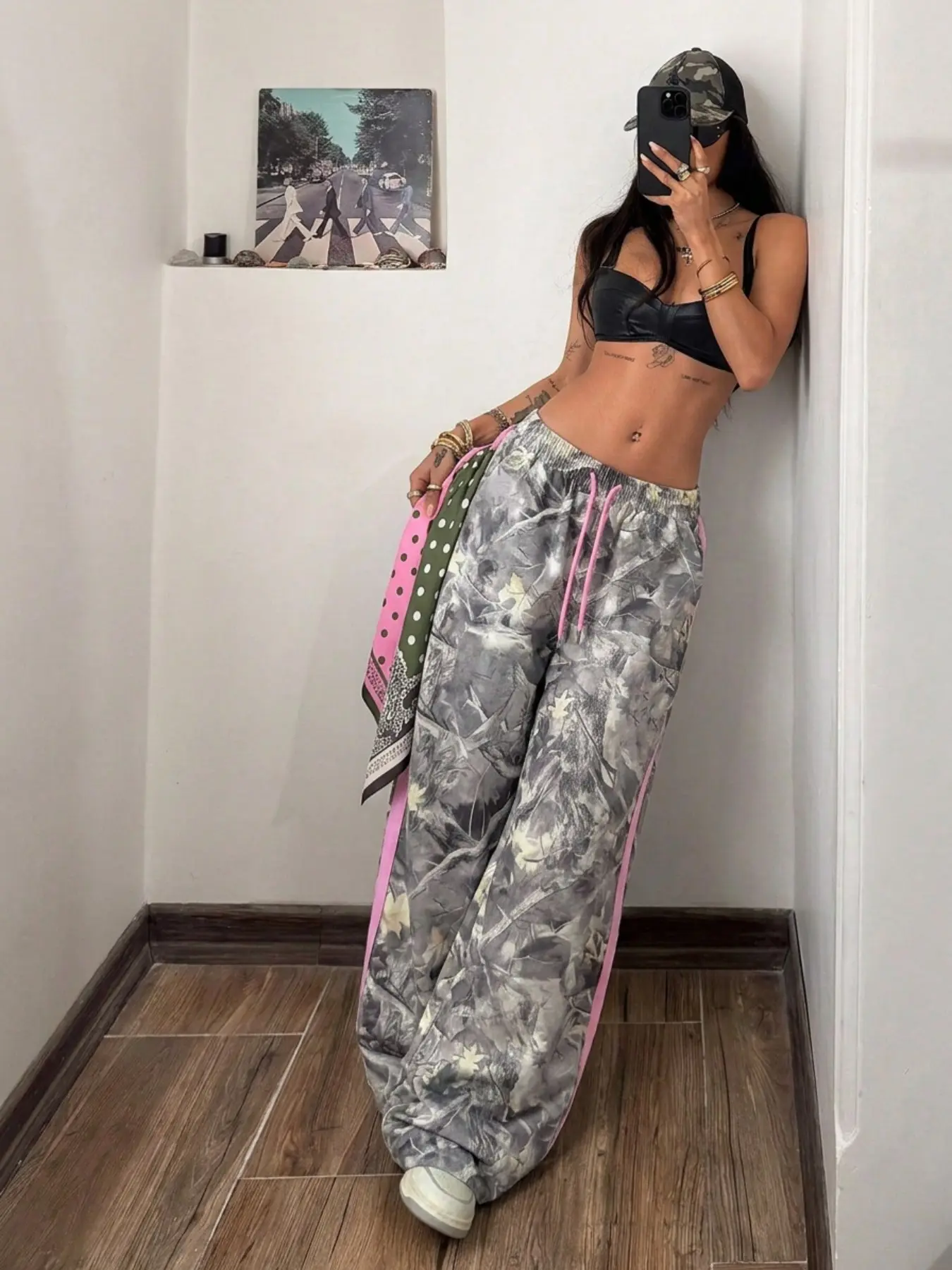 Tree Camo Wide Leg Sweatpants, Full Leaf Camo Print, Drawstring Waist, Y2K Street Style, Loose Fit, All Seasons