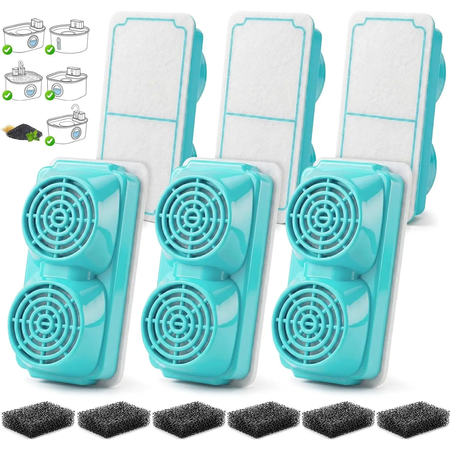 Water Fountain Filters - 6 Filters with 6 Sponges  for  - Stainless Steel  Water Dispenser (6 Pack)