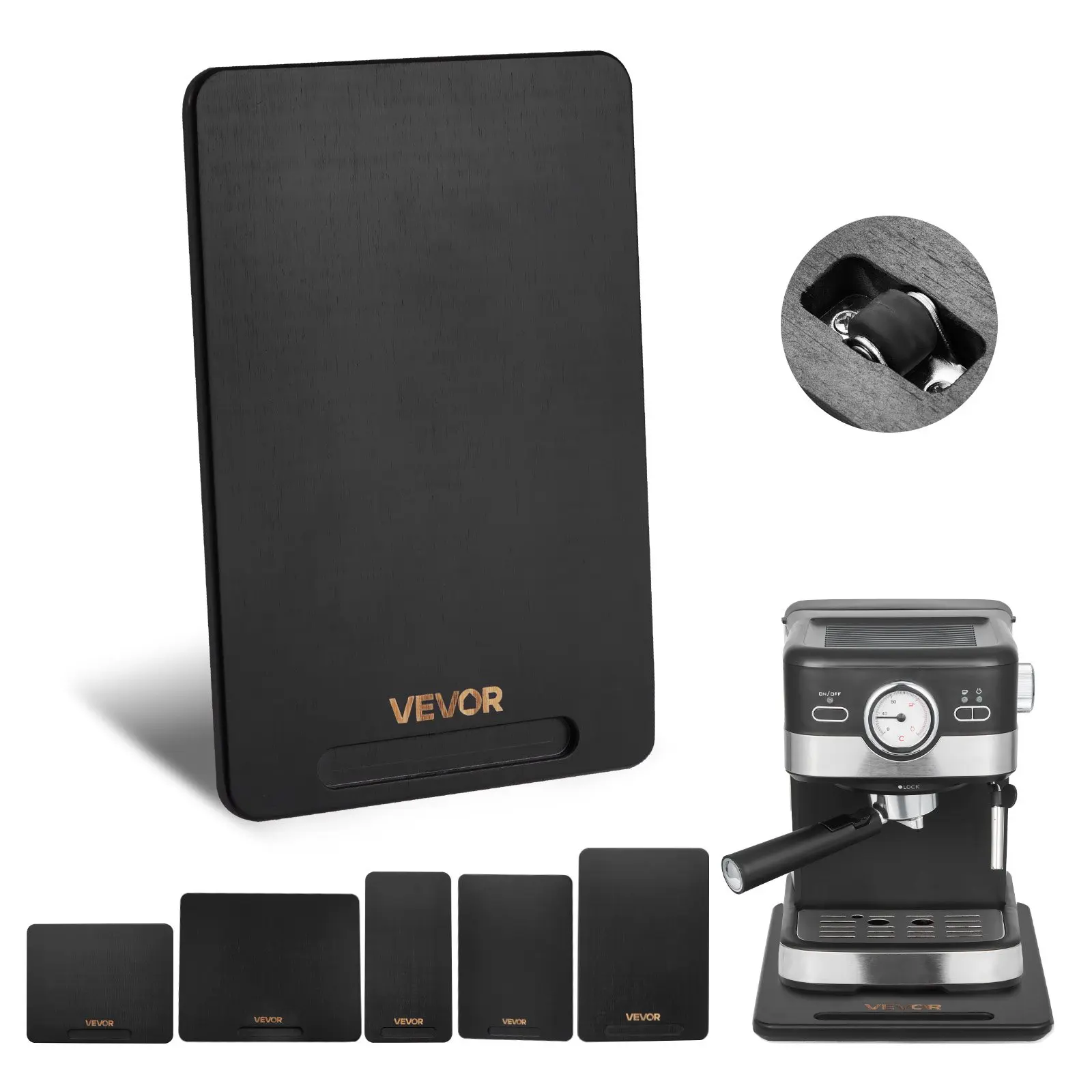 VEVOR Kitchen Appliance Slider, 14X9.5 Inch Rolling Tray with 0.7 in Height, Silent Rubber Wheels, Hollow Handle, 40 lbs Capacity, Easy to Clean for Coffee Maker, Kitchen Countertop, Black