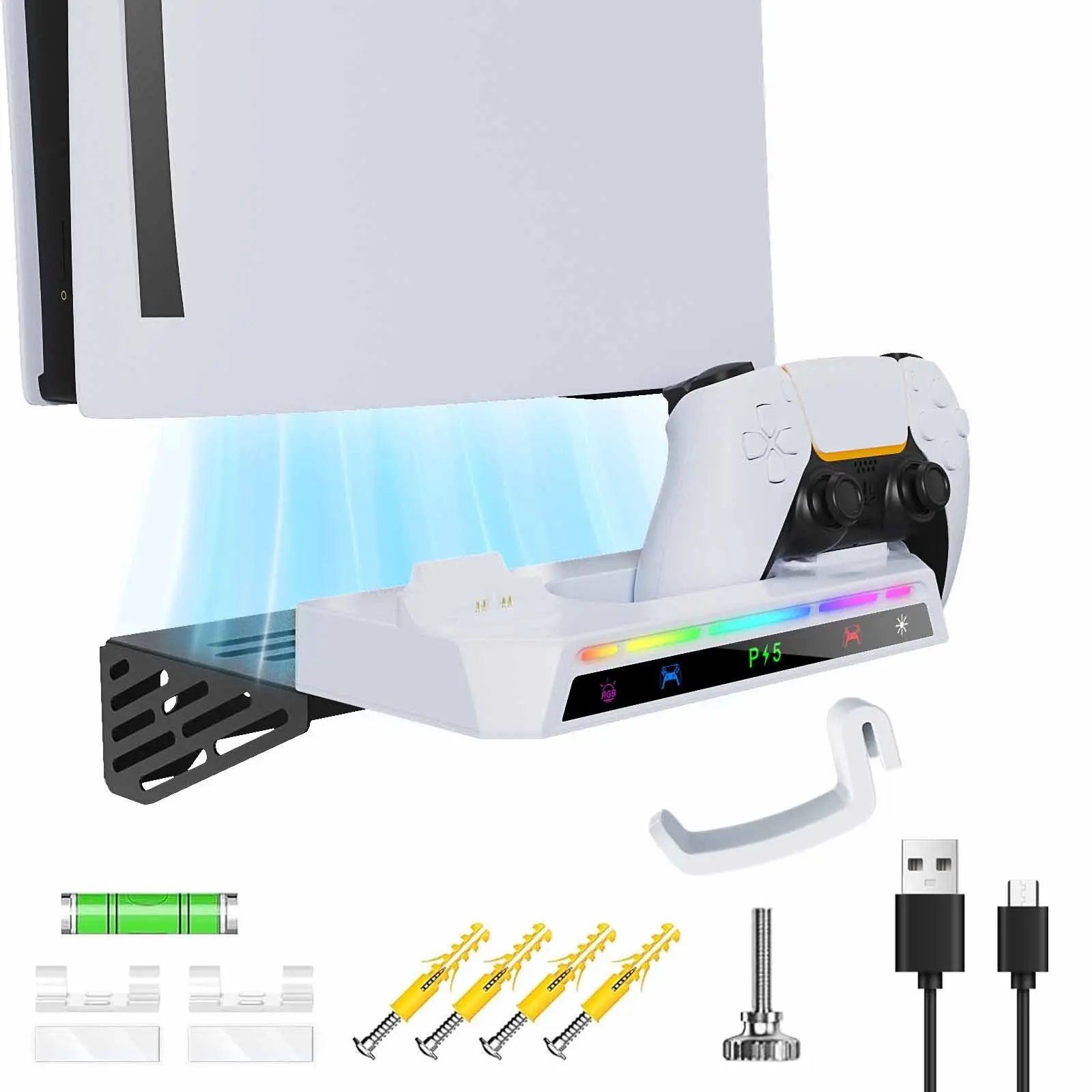 Wall Mount Kit for P5 Pro / P5 Slim / P5 with Charging Station, Charging Dock Accessories, P5 Shelf Floating Mount, Dual Controller Chargers with Multi-Mode RGB Light, Headset Holder & USB Hubs for Playstation 5 Pro / Slim (Disc & Digital)