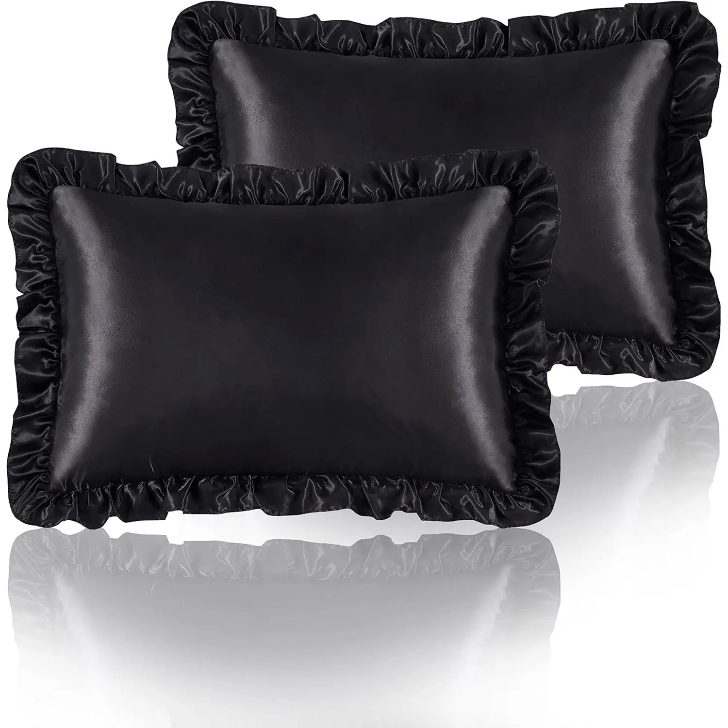 Black Ruffled Pillow for Hair and Skin,Black Silk Pillowcases Standard Set of 2 with Envelope Closure Room Decoration