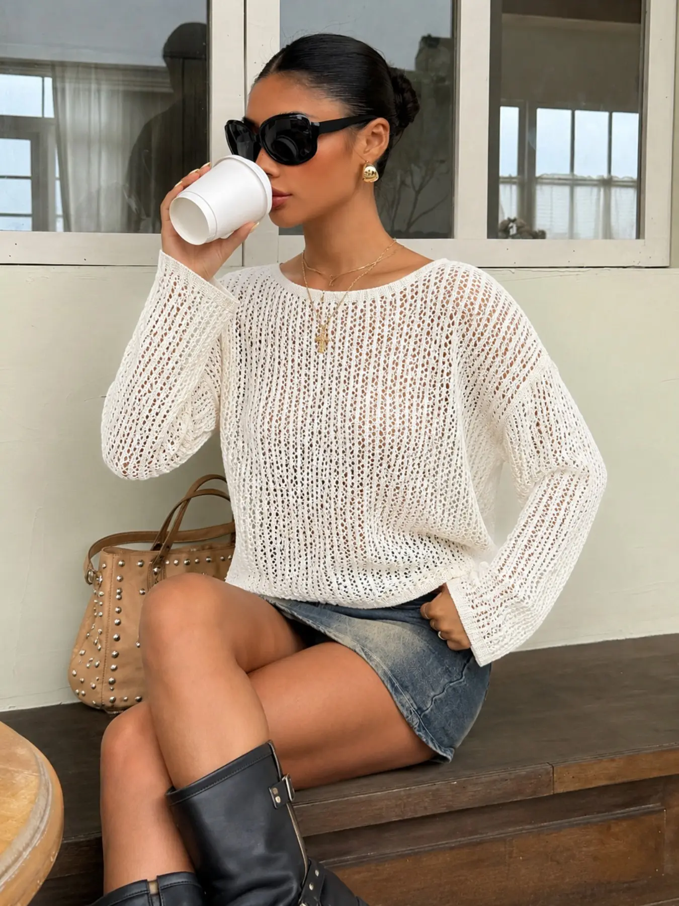 Women Open Knit Pullover Sweater Knitwear Crew Neck Loose Fit Long Sleeve Hollow Out Crochet Mesh Top Lightweight Sheer Knit Blouse for Spring Summer Casual Street Vacation Beach Cover Up