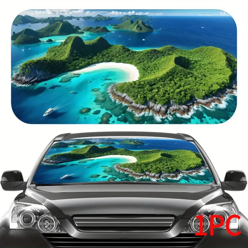 Tropical Island Car Sun Visor, UV Protection, Foldable, Cool Vehicle Accessory, Fits Sedan, Suv, Off-Road Vehicles