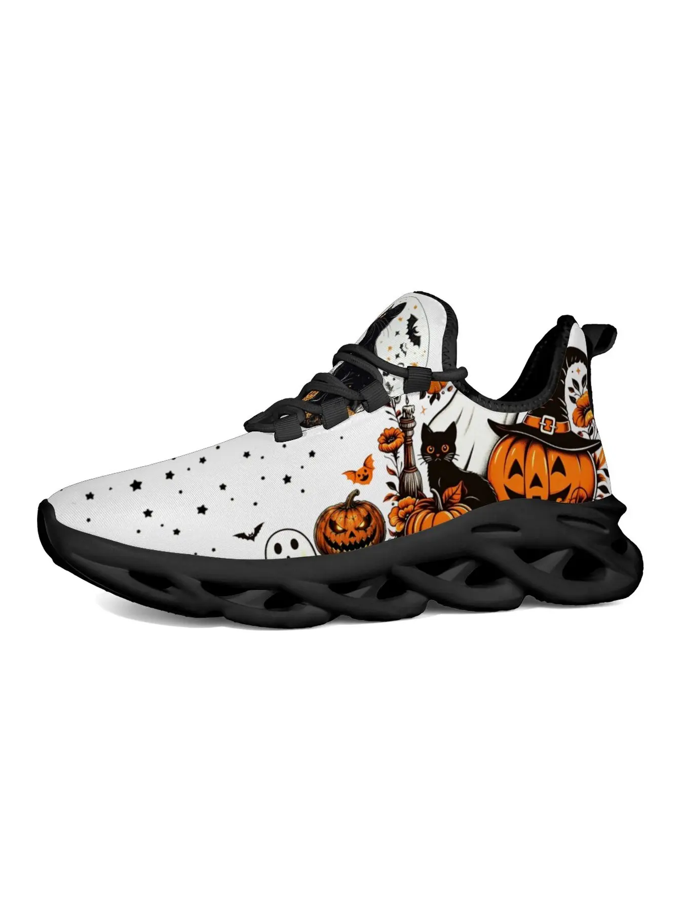 Halloween Spooky Holiday Black Cat Pumpkin Full Print Blade Type Sneakers For Man Woman, Hollow Shock Absorbing Mesh Lace Up Shoes, Crescent Moon Bat Star Pattern Unisex Casual Street Trainers